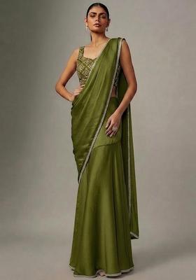 Olive Green Embroidered Crepe Pre Draped Saree Set