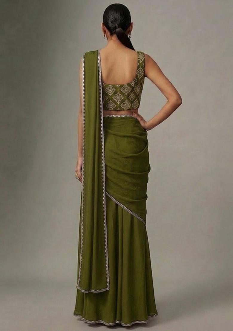 Olive Green Embroidered Crepe Pre Draped Saree Set - Indya