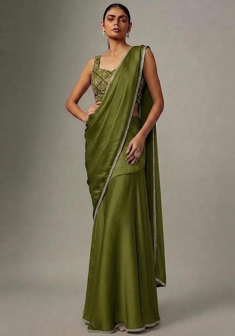 Olive Green Embroidered Crepe Pre Draped Saree Set