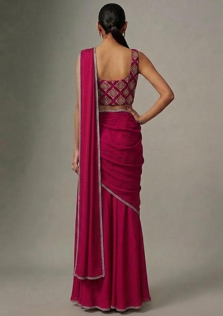 Hot Pink Embroidered Crepe Pre Draped Saree Set - Indya