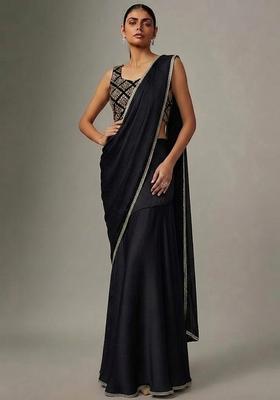 Jet Black Embroidered Crepe Pre Draped Saree Set