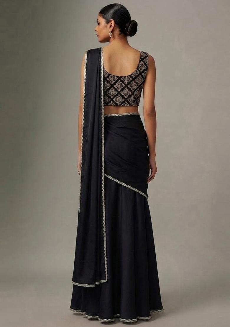 Jet Black Embroidered Crepe Pre Draped Saree Set - Indya