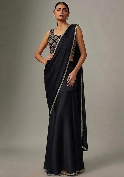 Jet Black Embroidered Crepe Pre Draped Saree Set