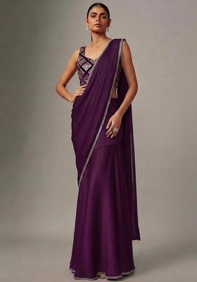 Deep Purple Embroidered Crepe Pre Draped Saree Set