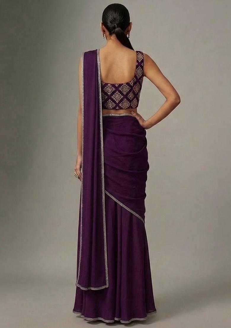Deep Purple Embroidered Crepe Pre Draped Saree Set - Indya