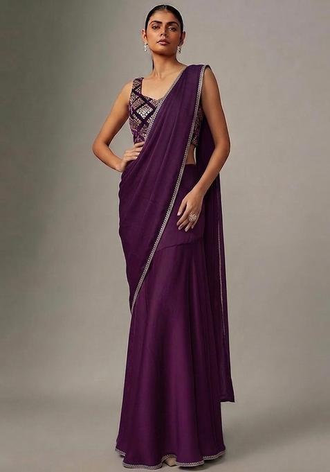 Deep Purple Embroidered Crepe Pre Draped Saree Set