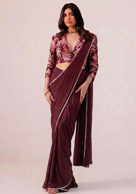 Deep Wine Printed Crepe Pre Draped Saree Set