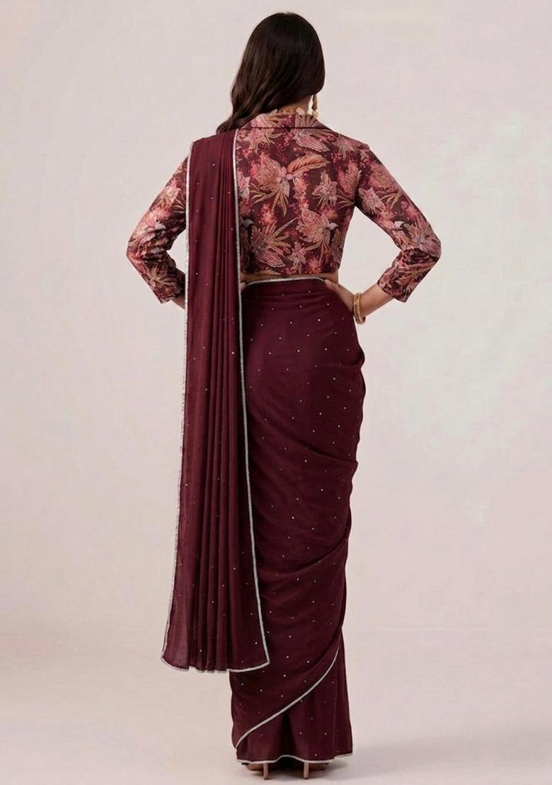 Deep Wine Printed Crepe Pre Draped Saree Set - Indya