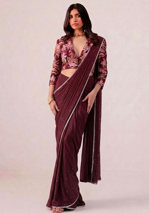 Deep Wine Printed Crepe Pre Draped Saree Set