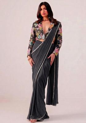Charcoal Grey Printed Crepe Pre Draped Saree Set