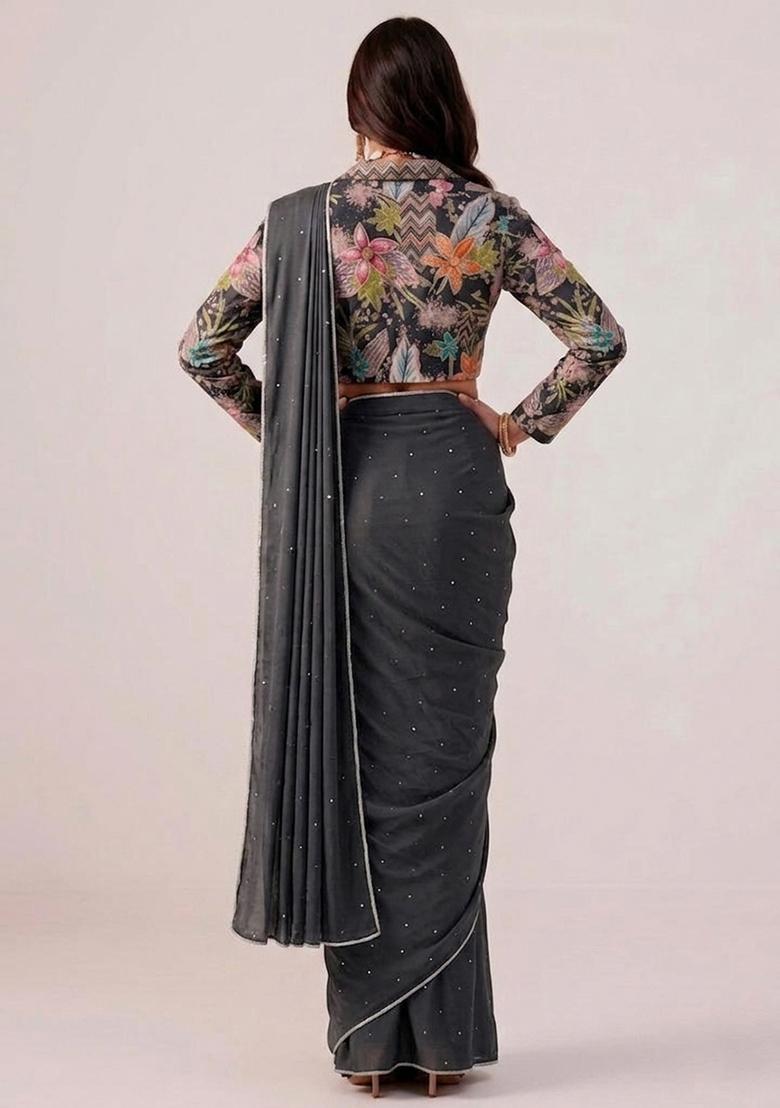 Charcoal Grey Printed Crepe Pre Draped Saree Set - Indya