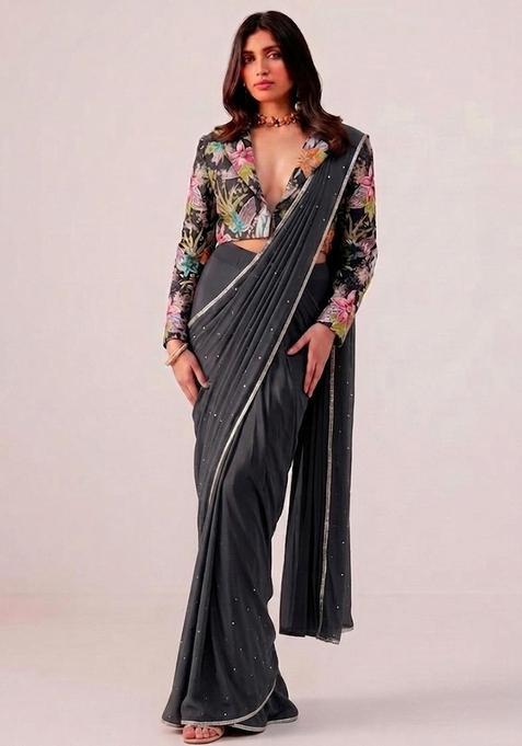 Charcoal Grey Printed Crepe Pre Draped Saree Set