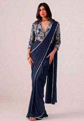 Midnight Blue Printed Crepe Pre Draped Saree Set