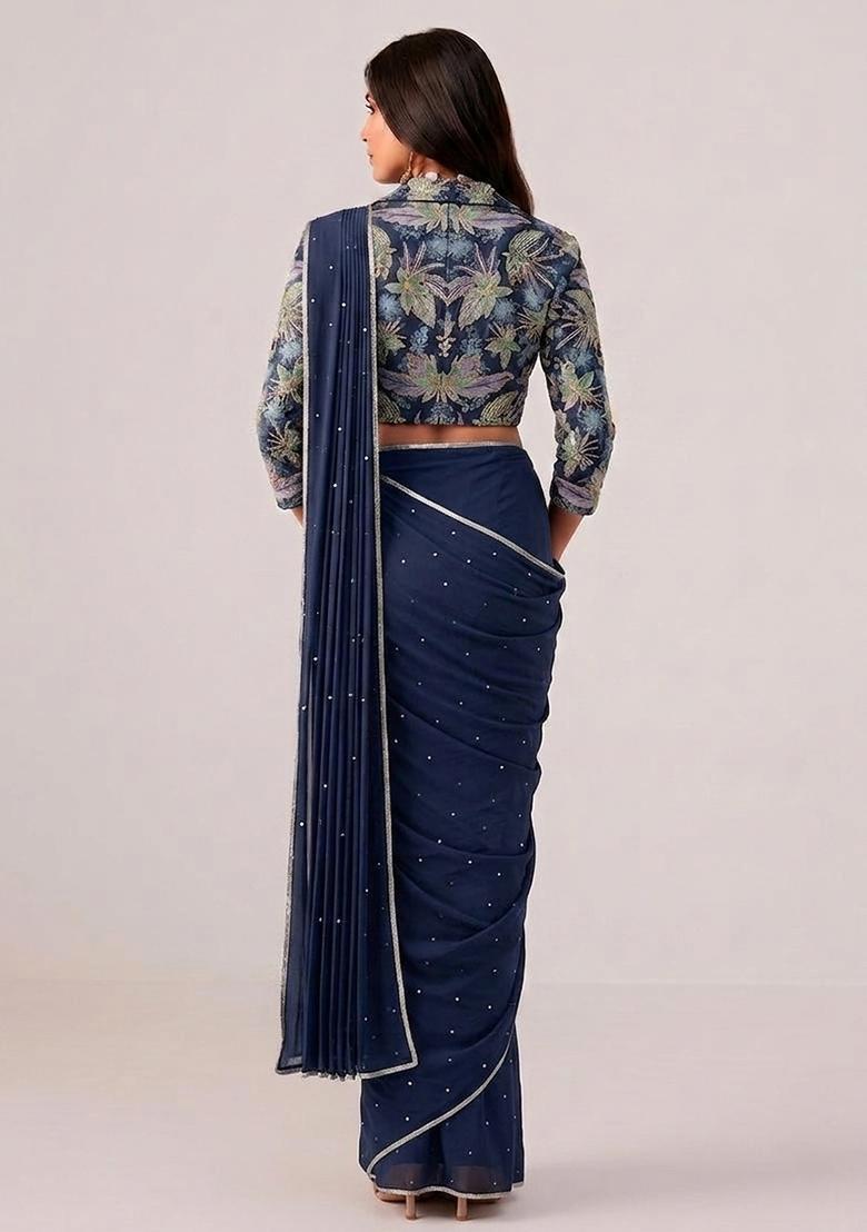 Midnight Blue Printed Crepe Pre Draped Saree Set - Indya