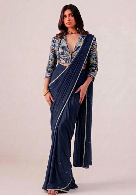 Midnight Blue Printed Crepe Pre Draped Saree Set