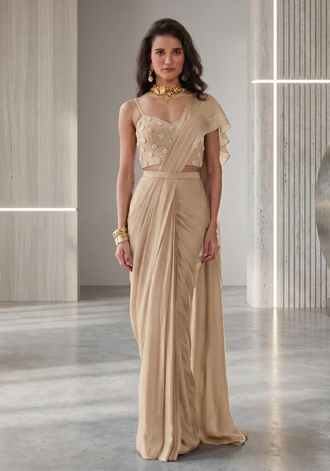 Beige Hand Work Strappy Pre Stitched Saree