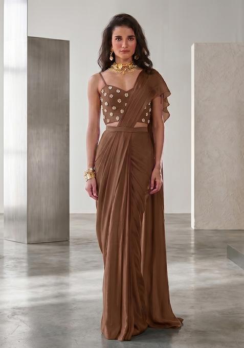 Brown Hand Work Strappy Pre Stitched Saree