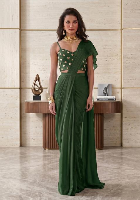 Dark Green Hand Work Strappy Pre Stitched Saree