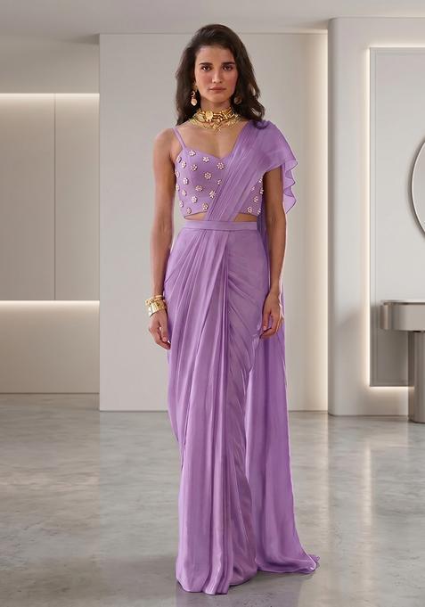 Lavender Hand Work Strappy Pre Stitched Saree