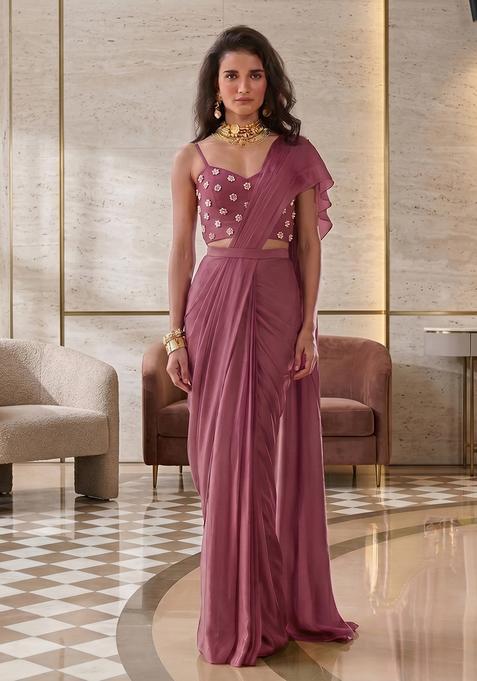 Mauve Hand Work Strappy Pre Stitched Saree