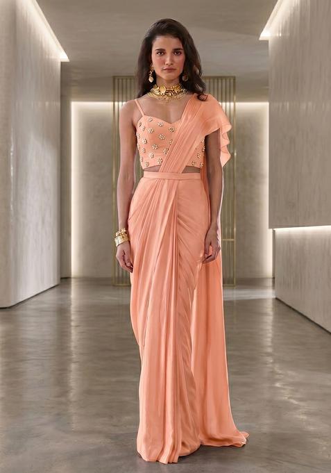 Peach Hand Work Strappy Pre Stitched Saree