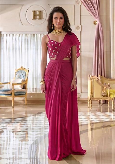 Pink Hand Work Strappy Pre Stitched Saree