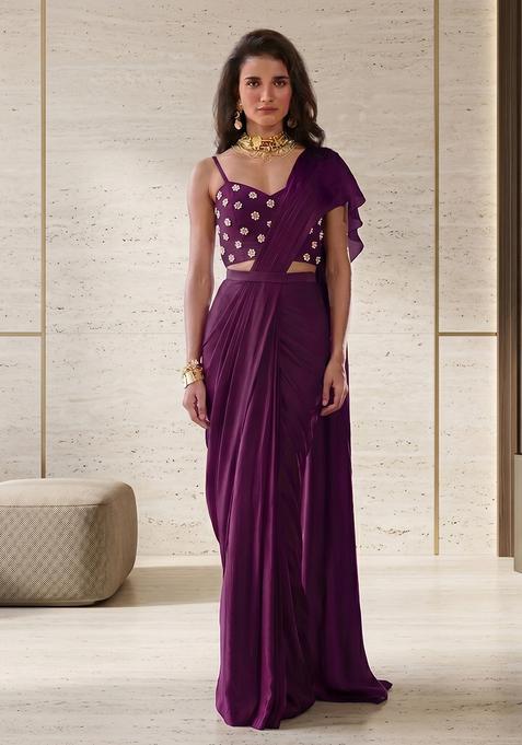 Purple Hand Work Strappy Pre Stitched Saree