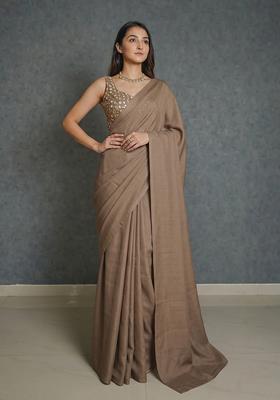 Taupe Embellished Silk Blend Pre Draped Saree Set