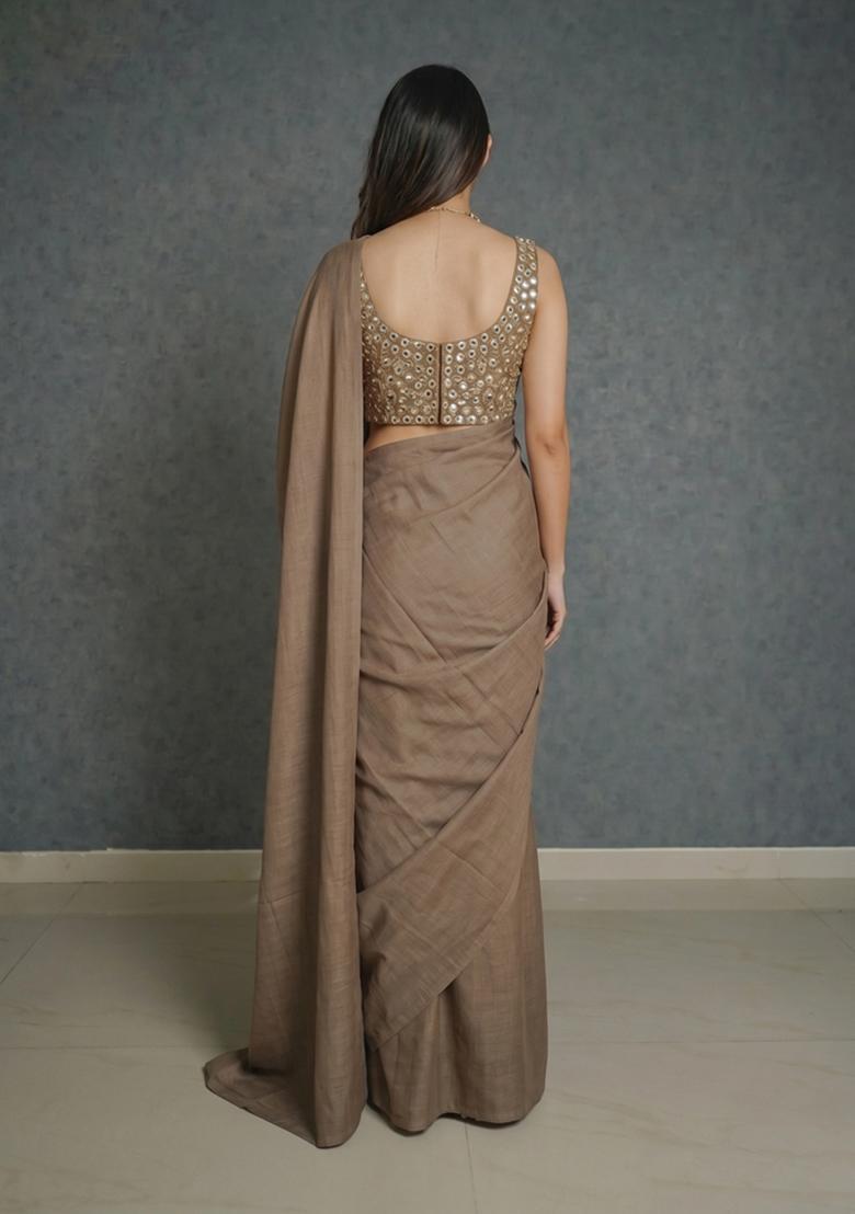 Taupe Embellished Silk Blend Pre Draped Saree Set - Indya