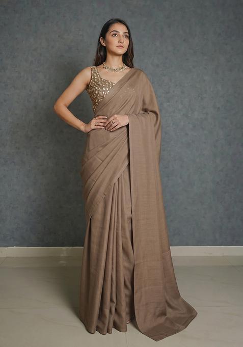 Taupe Embellished Silk Blend Pre Draped Saree Set