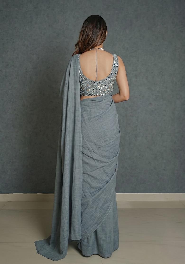 Steel Grey Mirror Work Silk Blend Pre Draped Saree Set - Indya