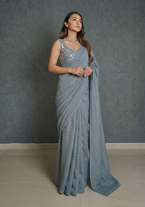 Steel Grey Mirror Work Georgette Pre Draped Saree Set
