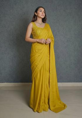 Mustard Yellow Embroidered Silk Blend Pre Draped Saree Set