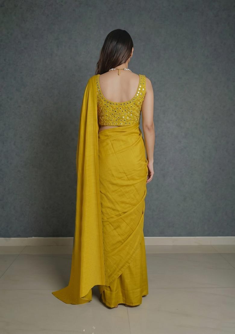 Mustard Yellow Embroidered Silk Blend Pre Draped Saree Set - Indya