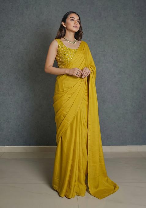 Mustard Yellow Embroidered Handwork Silk Blend Pre Draped Saree Set