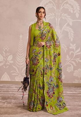 Olive Green Printed Organza Pre Draped Saree Set