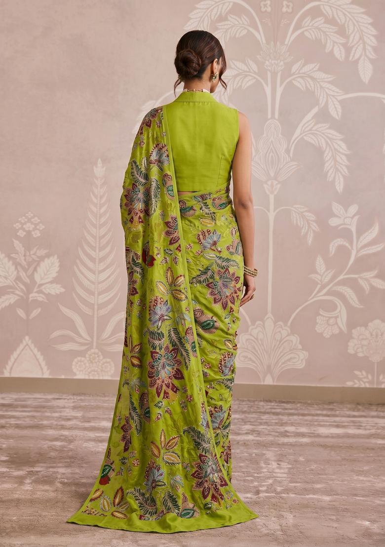 Olive Green Printed Organza Pre Draped Saree Set - Indya