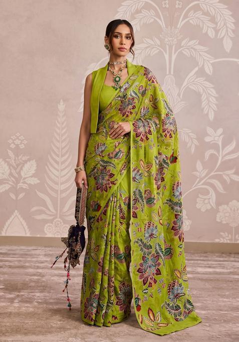 Olive Green Embroidered Silk Blend Pre Draped Saree Set