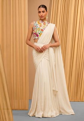 Cream Printed Crepe Pre Draped Saree Set