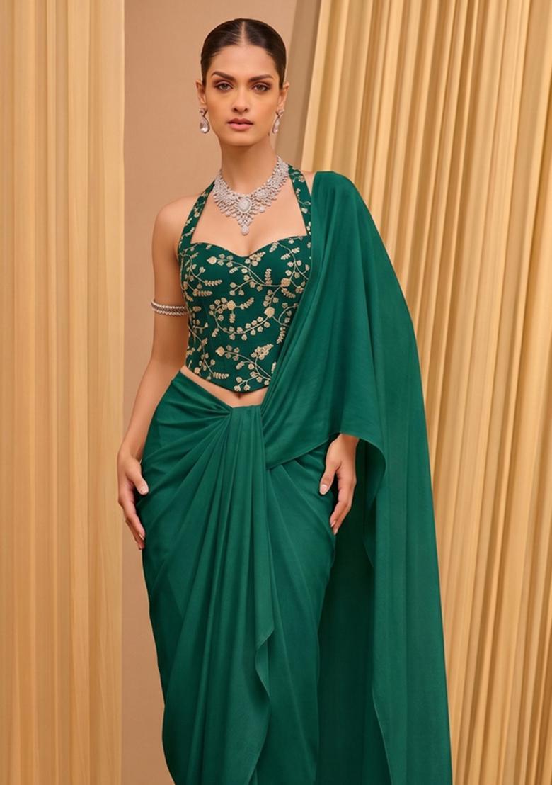 Bottle Green Embroidered Crepe Pre Draped Saree Set - Indya