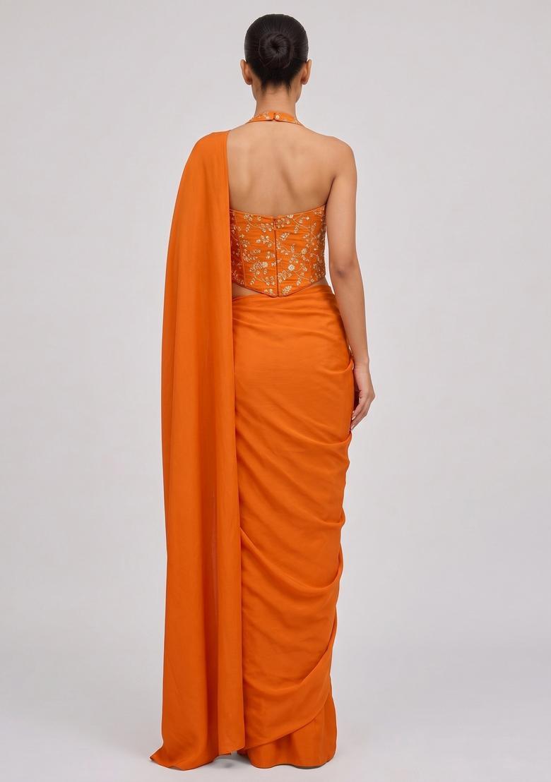 Orange Embroidered Crepe Pre Draped Saree Set - Indya
