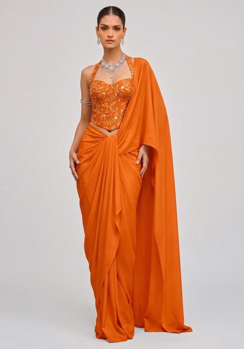 Orange Sequin Work Silk Blend Pre Draped Saree Set