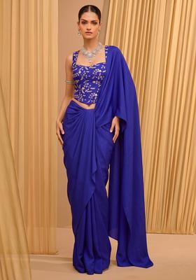 Royal Blue Embroidered Crepe Pre Draped Saree Set
