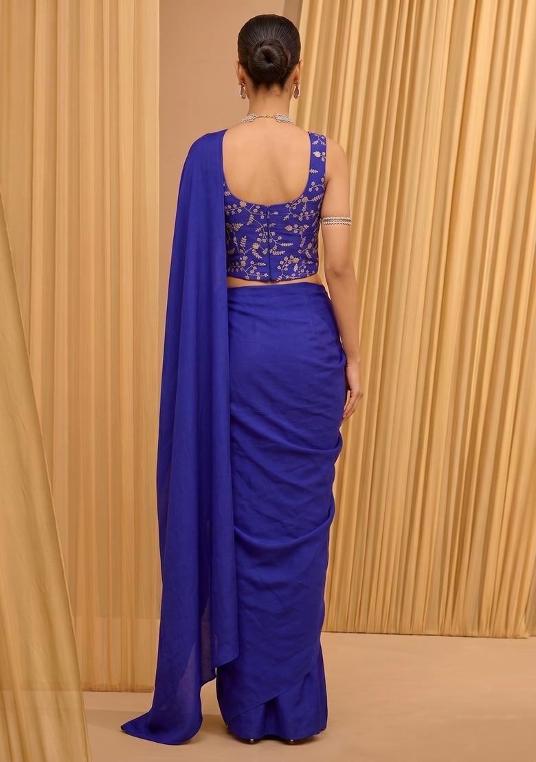 Royal Blue Embroidered Crepe Pre Draped Saree Set - Indya