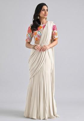 Beige Printed Crepe Pre Draped Saree Set