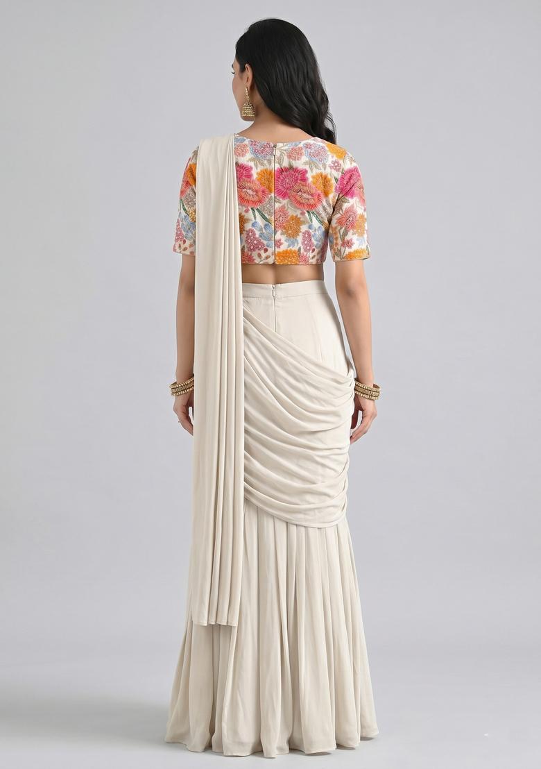 Beige Printed Crepe Pre Draped Saree Set - Indya