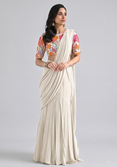 Beige Embroidered Handwork Silk Blend Pre Draped Saree Set