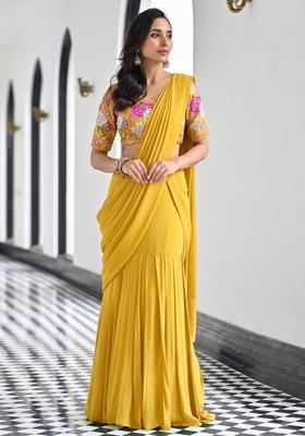 Mustard Printed Crepe Pre Draped Saree Set