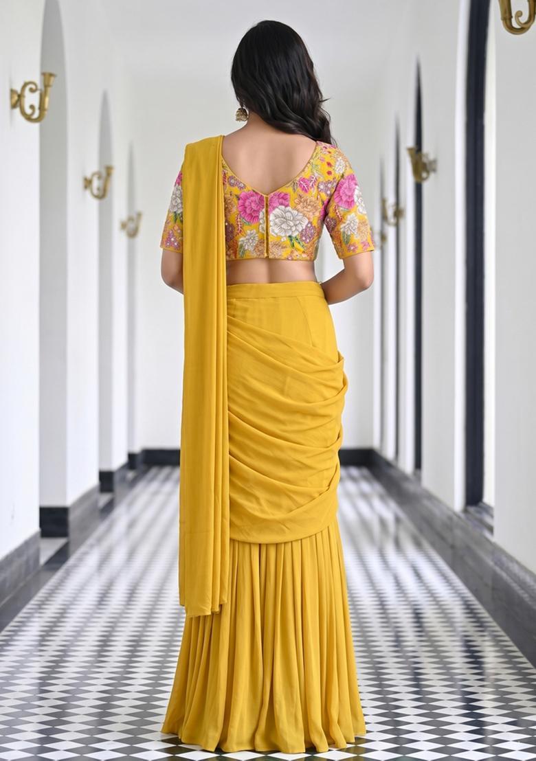 Mustard Printed Crepe Pre Draped Saree Set - Indya