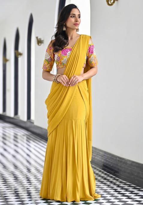 Mustard Embroidered Handwork Silk Blend Pre Draped Saree Set